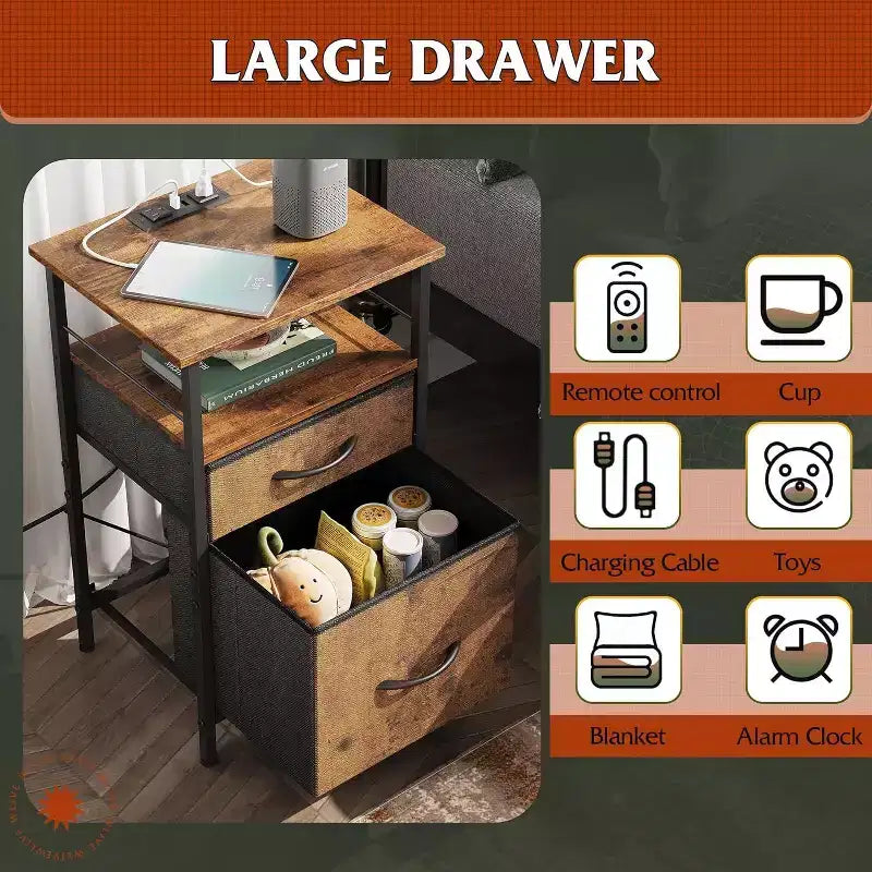 Table de chevet avec station de recharge, table d'appoint avec 2 tiroirs en tissu pour le rangement, petite commode de chambre à coucher, table d'appoint pour le salon