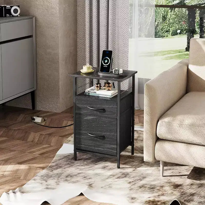 Table de chevet avec station de recharge, table d'appoint avec 2 tiroirs en tissu pour le rangement, petite commode de chambre à coucher, table d'appoint pour le salon