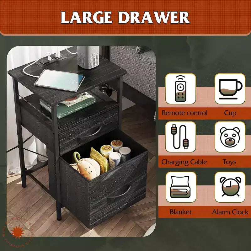 Table de chevet avec station de recharge, table d'appoint avec 2 tiroirs en tissu pour le rangement, petite commode de chambre à coucher, table d'appoint pour le salon