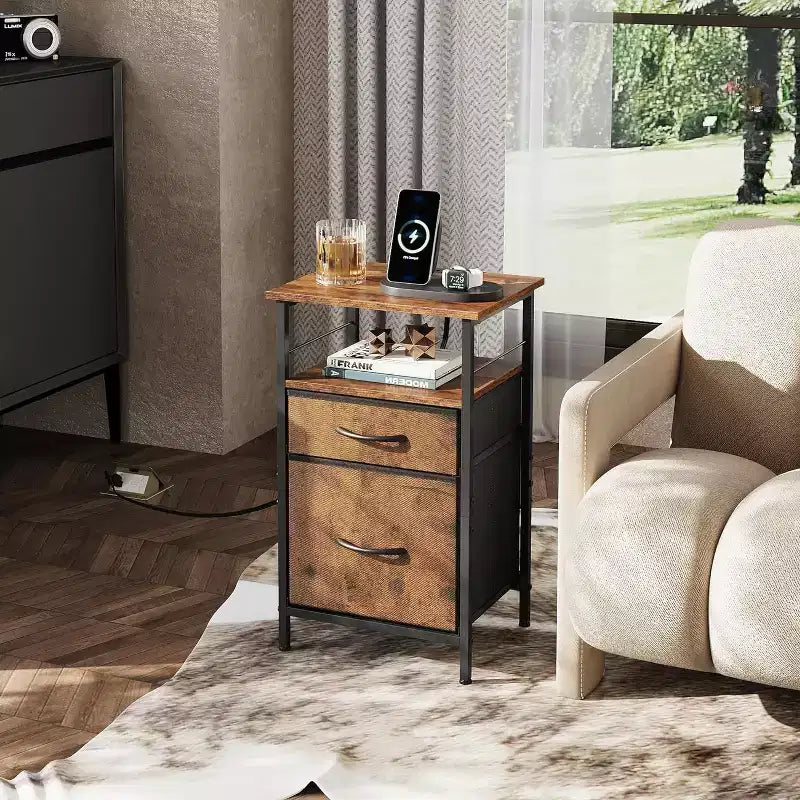 Table de chevet avec station de recharge, table d'appoint avec 2 tiroirs en tissu pour le rangement, petite commode de chambre à coucher, table d'appoint pour le salon