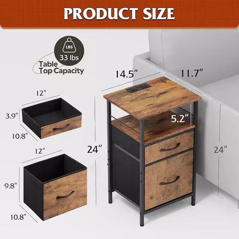 Table de chevet avec station de recharge, table d'appoint avec 2 tiroirs en tissu pour le rangement, petite commode de chambre à coucher, table d'appoint pour le salon