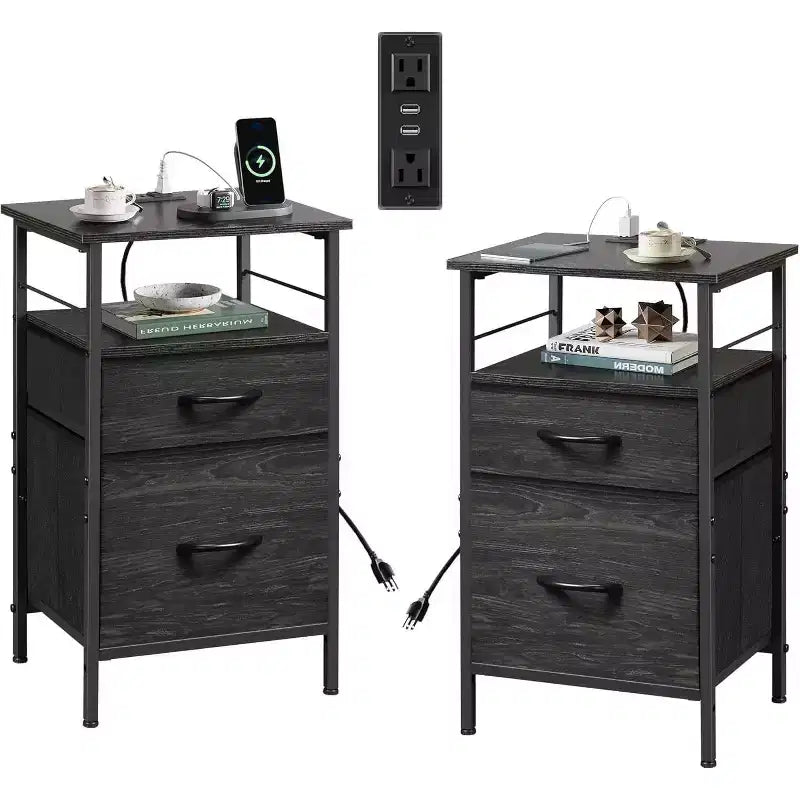 Table de chevet avec station de recharge, table d'appoint avec 2 tiroirs en tissu pour le rangement, petite commode de chambre à coucher, table d'appoint pour le salon