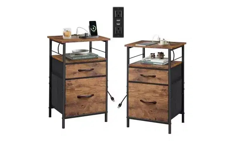 DEXYLLO Nightstand Set of 2 with Charging Station, End Table with 2 Fabric Drawers for Storage, Small Bedroom Dresser, Side Table for Living Room