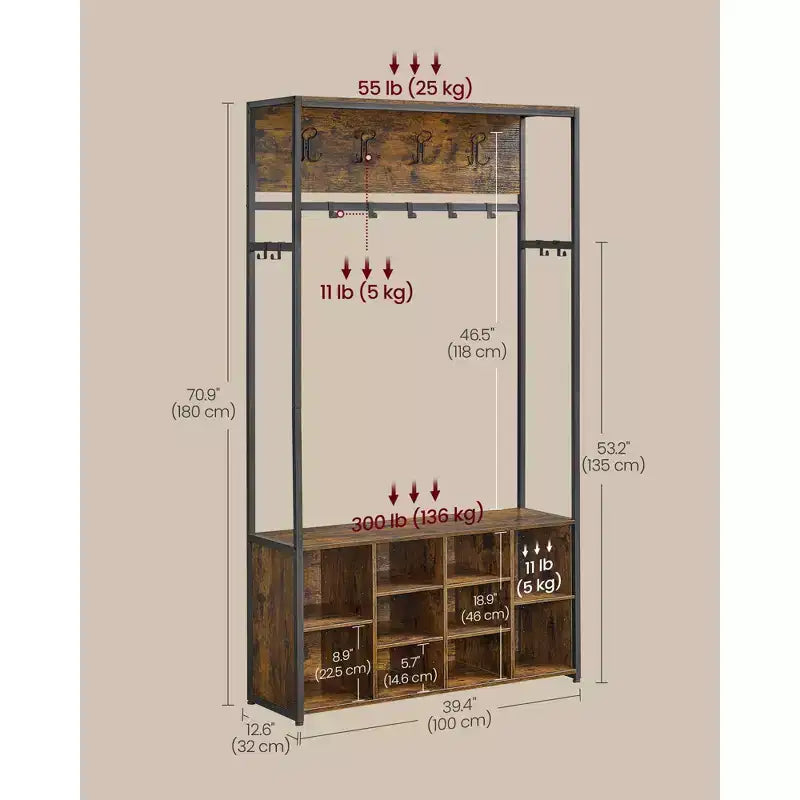 Porte-manteau avec banc et rangement à chaussures, Vestiaire d'entrée avec banc, Meuble d'entrée, Compartiments ouverts