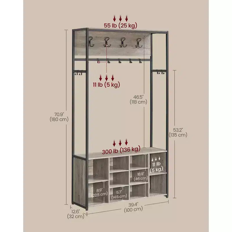 Porte-manteau avec banc et rangement à chaussures, Vestiaire d'entrée avec banc, Meuble d'entrée, Compartiments ouverts