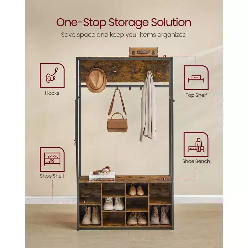 Porte-manteau avec banc et rangement à chaussures, Vestiaire d'entrée avec banc, Meuble d'entrée, Compartiments ouverts