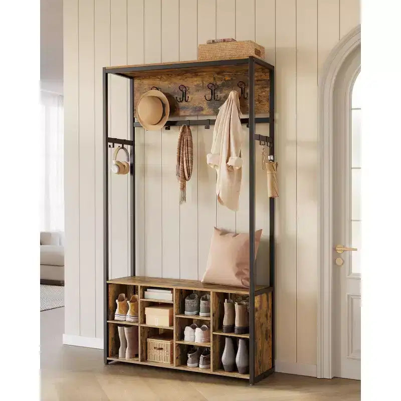 Porte-manteau avec banc et rangement à chaussures, Vestiaire d'entrée avec banc, Meuble d'entrée, Compartiments ouverts