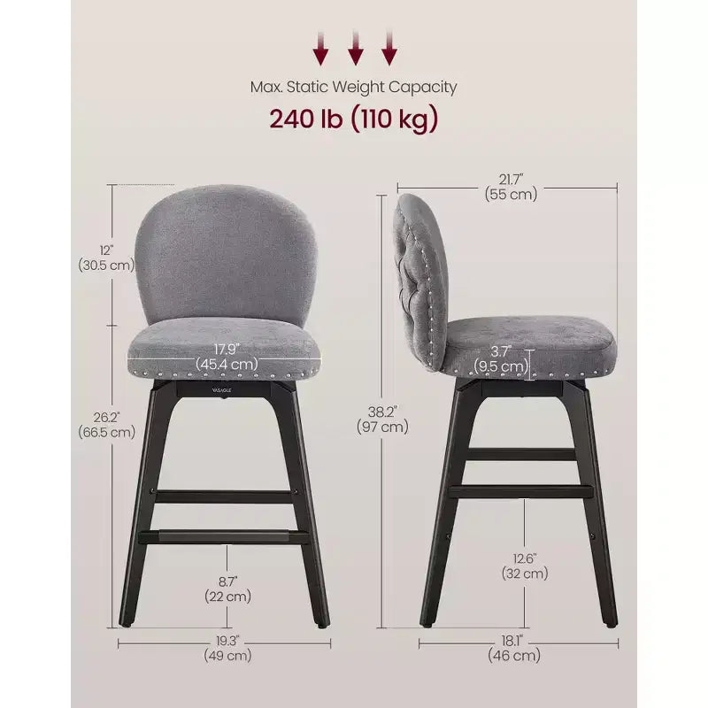 Lot de 2 tabourets de bar pivotants, pieds en bois massif, tissu chenille, hauteur de comptoir 66,5 cm, pour salle à manger et bar.