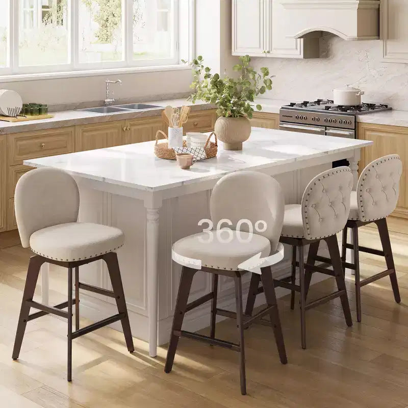 Lot de 2 tabourets de bar pivotants, pieds en bois massif, tissu chenille, hauteur de comptoir 66,5 cm, pour salle à manger et bar.