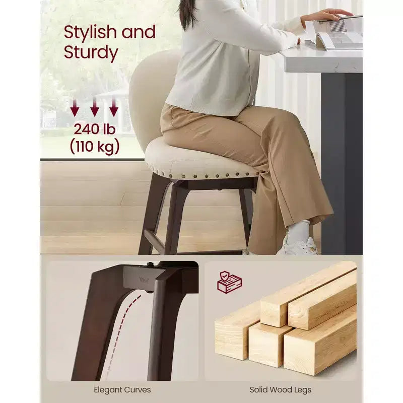 Lot de 2 tabourets de bar pivotants, pieds en bois massif, tissu chenille, hauteur de comptoir 66,5 cm, pour salle à manger et bar.