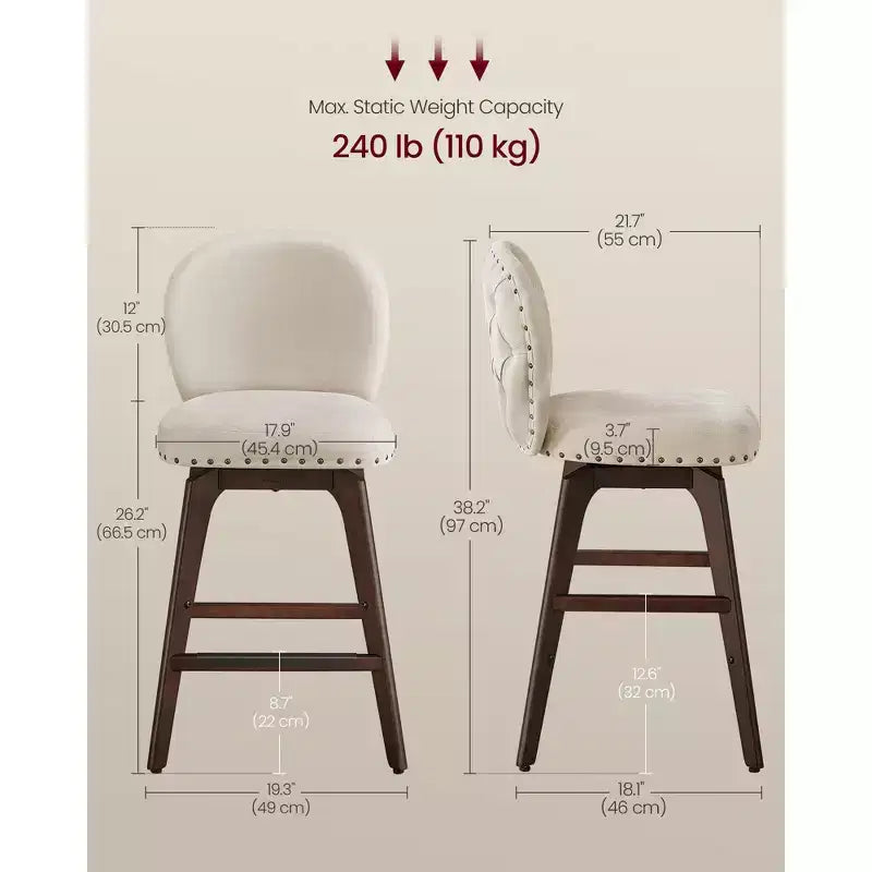 Lot de 2 tabourets de bar pivotants, pieds en bois massif, tissu chenille, hauteur de comptoir 66,5 cm, pour salle à manger et bar.