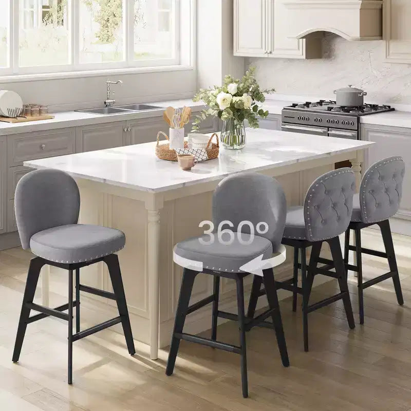Lot de 2 tabourets de bar pivotants, pieds en bois massif, tissu chenille, hauteur de comptoir 66,5 cm, pour salle à manger et bar.