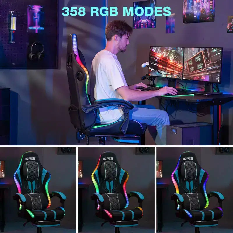 Fauteuil Gamer Massant XL Ergonomique de Bureau pour PC avec Haut-Parleur Bluetooth & Lumières RVB