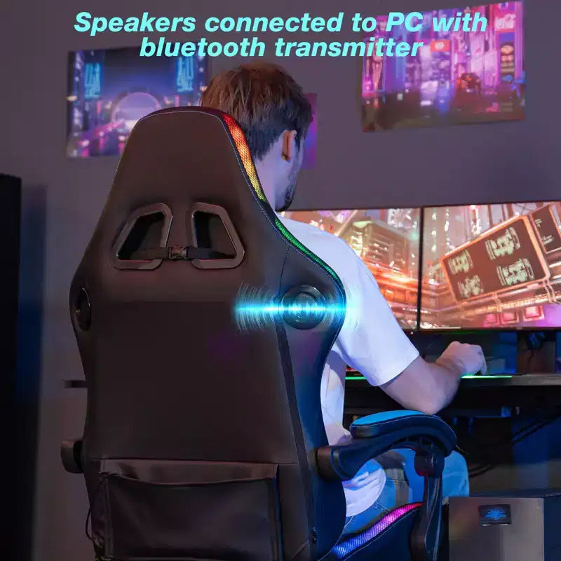 Fauteuil Gamer Massant XL Ergonomique de Bureau pour PC avec Haut-Parleur Bluetooth & Lumières RVB