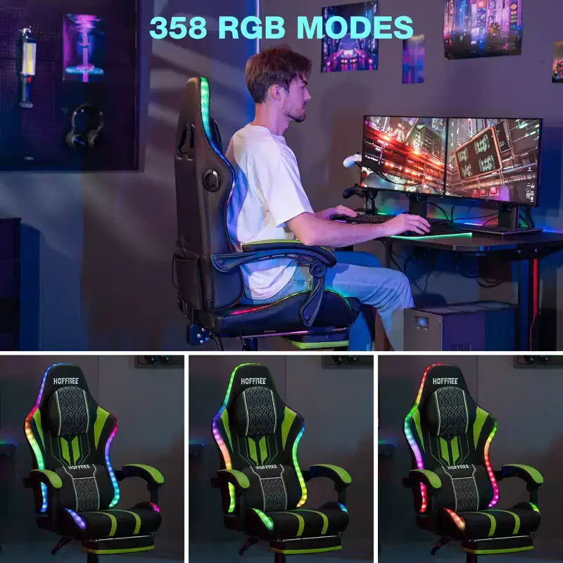 Fauteuil Gamer Massant XL Ergonomique de Bureau pour PC avec Haut-Parleur Bluetooth & Lumières RVB