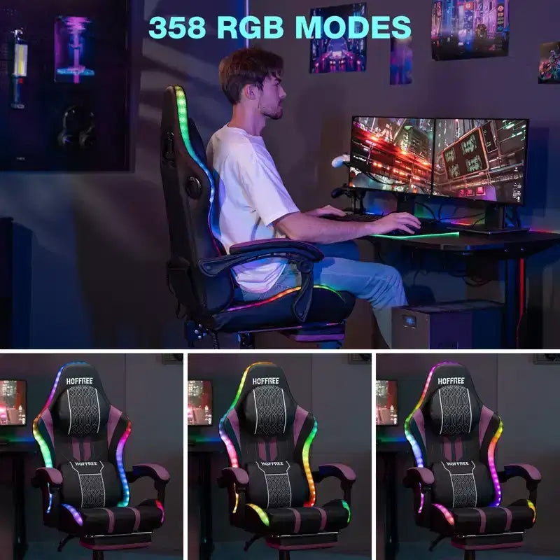 Fauteuil Gamer Massant XL Ergonomique de Bureau pour PC avec Haut-Parleur Bluetooth & Lumières RVB