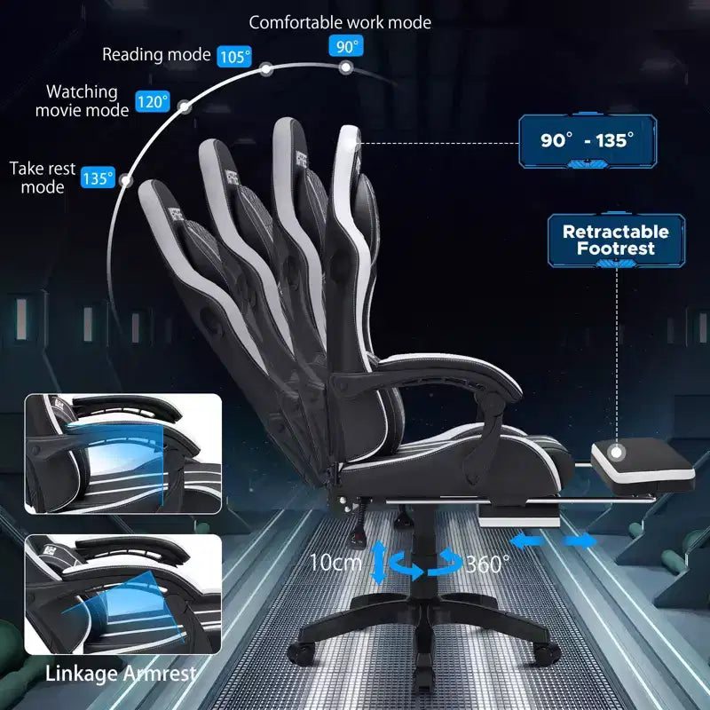 Fauteuil Gamer Massant XL Ergonomique de Bureau pour PC avec Haut-Parleur Bluetooth & Lumières RVB