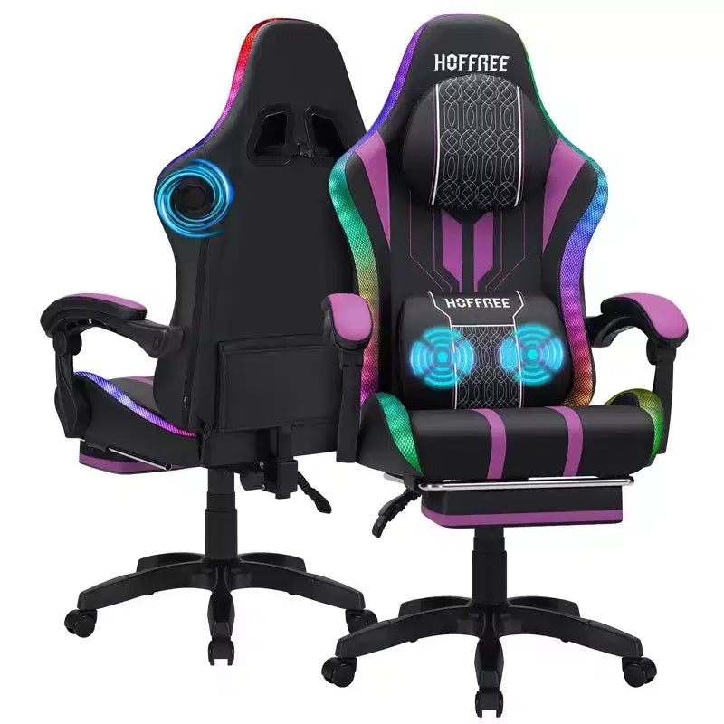 Hoffree Extra Large Massage Gaming Chair Ergonomic Office PC Chair with Bluetooth Speaker & RGB Light