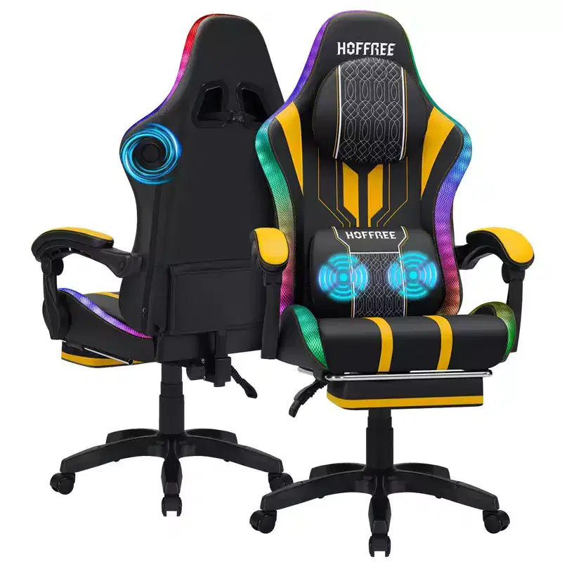 Fauteuil Gamer Massant XL Ergonomique de Bureau pour PC avec Haut-Parleur Bluetooth & Lumières RVB