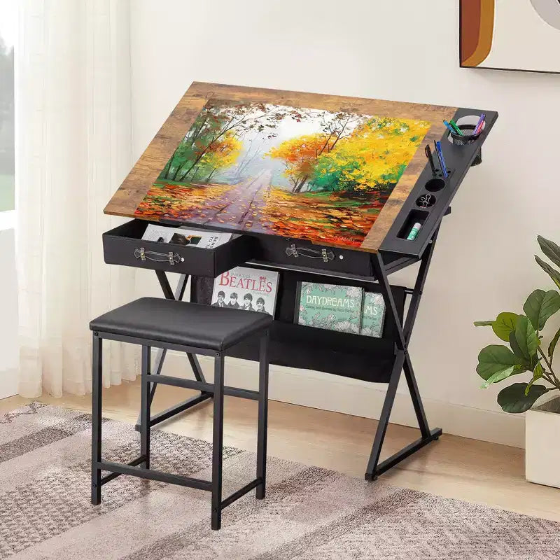 Table à dessin en bois / Table à dessin à roulettes / Table à dessin inclinable avec porte-crayon