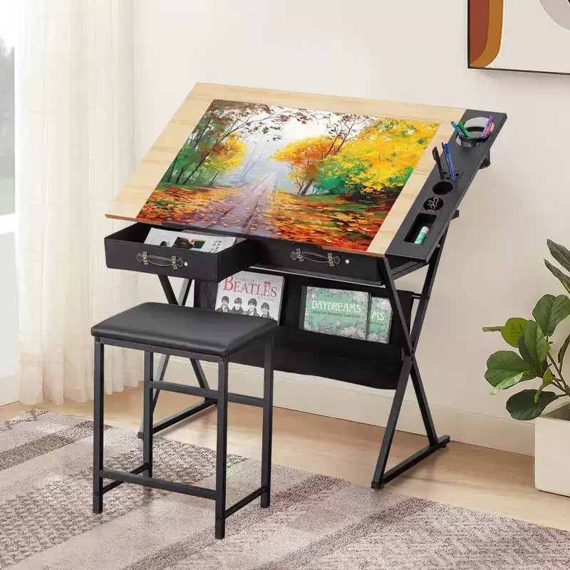 Table à dessin en bois / Table à dessin à roulettes / Table à dessin inclinable avec porte-crayon