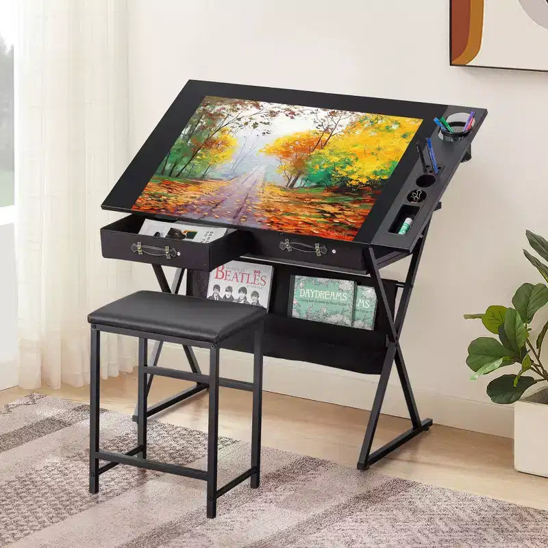 Table à dessin en bois / Table à dessin à roulettes / Table à dessin inclinable avec porte-crayon