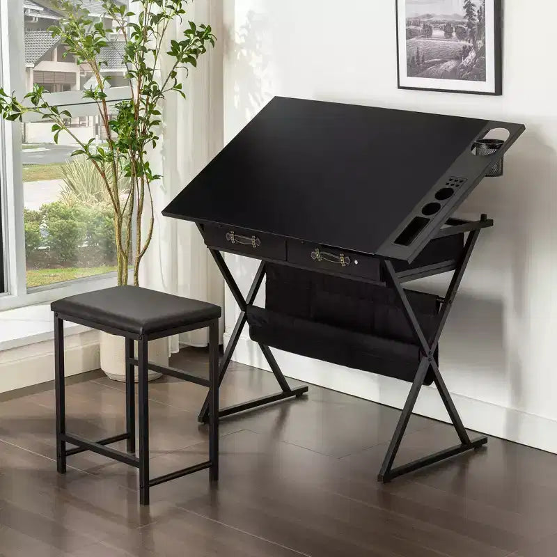 VECELO Wooden Drafting Table Set /Drafting Table with Wheels/Drawing Table Tiltable Writing Desk with Pencil Ledge
