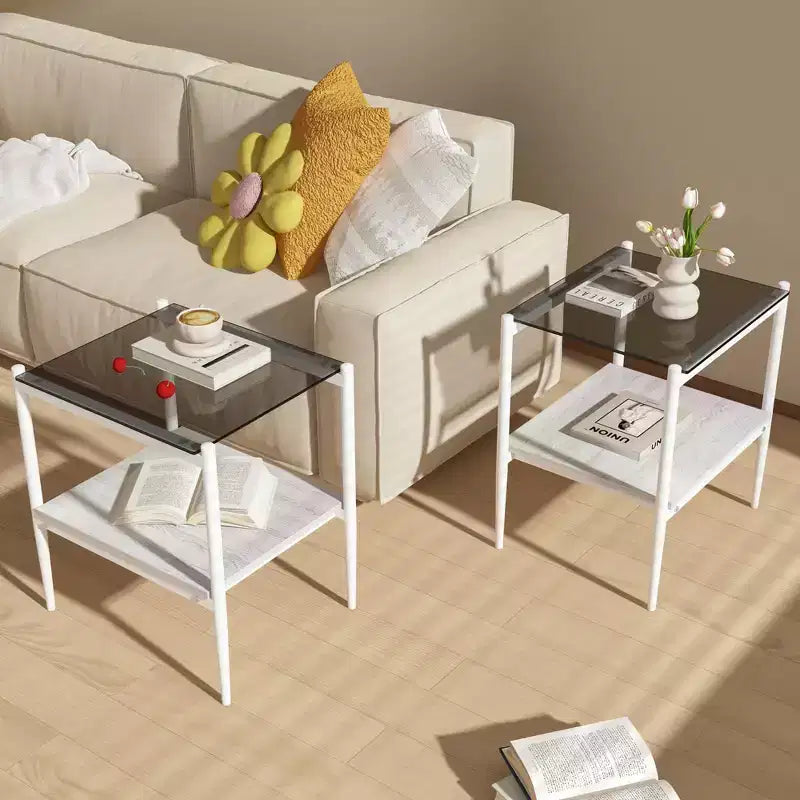 MAYEERTY Set of 2 Rectangle End Table with Tempered Glass Tabletop, for Living Room, Gray Glass