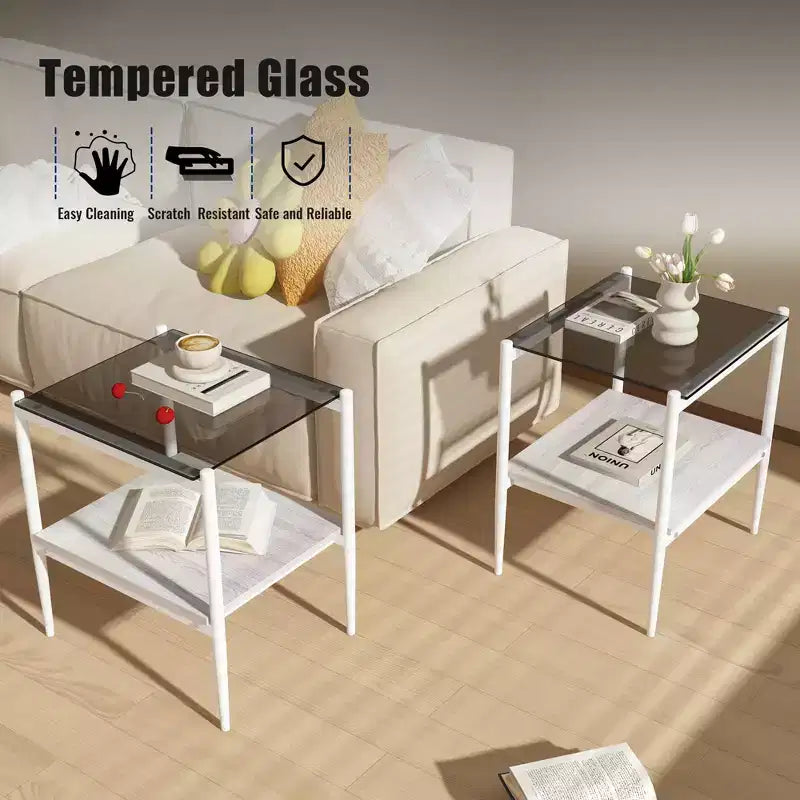 Lot de 2 tables d'appoint rectangulaires avec plateau en verre trempé, pour salon, verre gris