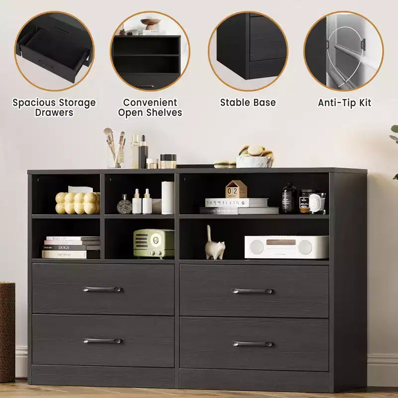 Commode à 4 tiroirs pour chambre à coucher, commode moderne, commode avec meuble TV et 6 compartiments de rangement pour salon, couloir