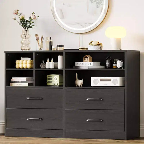 Garvee 4 Drawer Dresser for Bedroom, Modern Chest of Drawers, TV Stand Dresser Drawer Organizers with 6 Storage Cubbies for Living Room,Hallway
