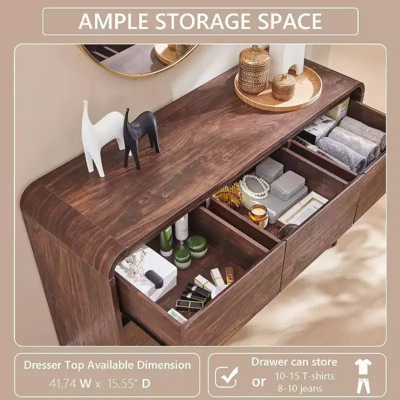 Commode Moderne à 7 Tiroirs, 120 cm de Large, avec Profil Courbé, Texture Naturelle pour Chambre, Salon