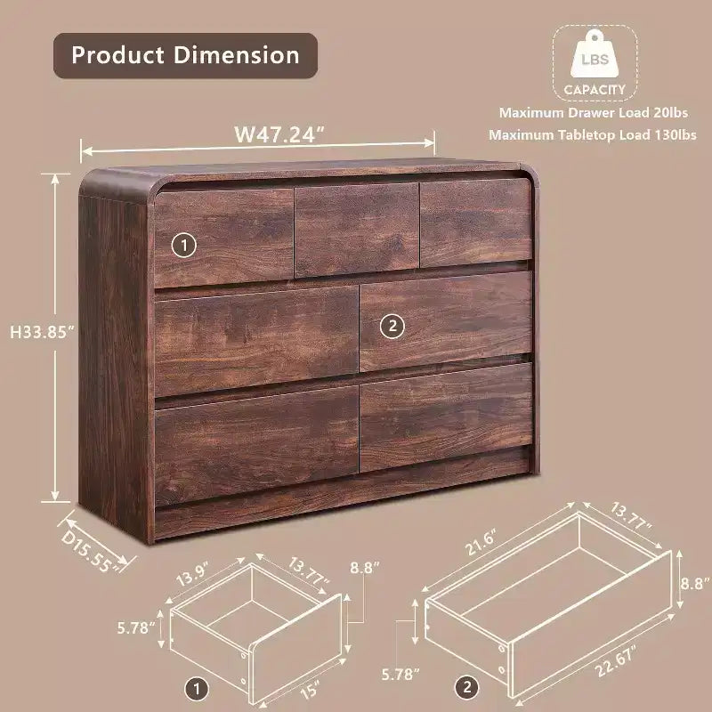 Commode Moderne à 7 Tiroirs, 120 cm de Large, avec Profil Courbé, Texture Naturelle pour Chambre, Salon