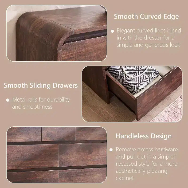 Commode Moderne à 7 Tiroirs, 120 cm de Large, avec Profil Courbé, Texture Naturelle pour Chambre, Salon