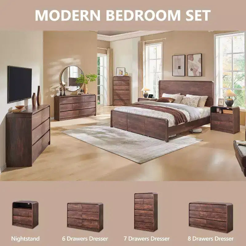 Commode Moderne à 7 Tiroirs, 120 cm de Large, avec Profil Courbé, Texture Naturelle pour Chambre, Salon