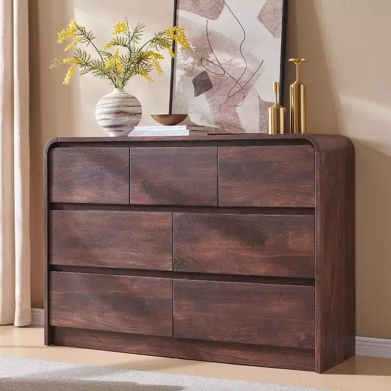 Commode Moderne à 7 Tiroirs, 120 cm de Large, avec Profil Courbé, Texture Naturelle pour Chambre, Salon
