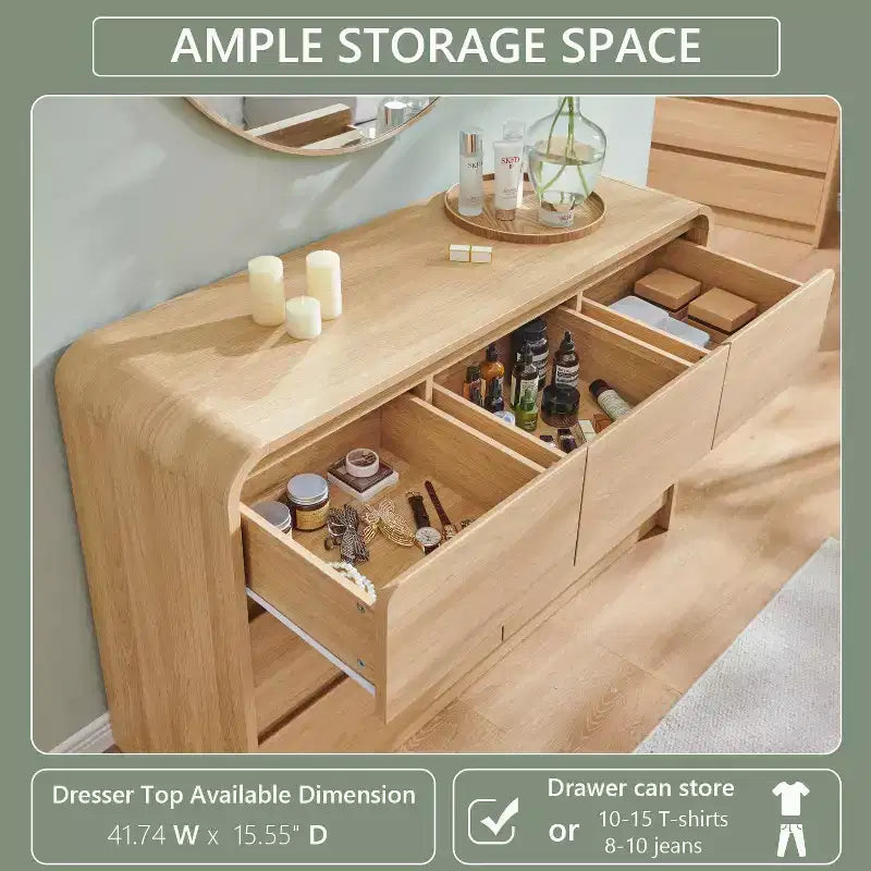 Commode Moderne à 7 Tiroirs, 120 cm de Large, avec Profil Courbé, Texture Naturelle pour Chambre, Salon