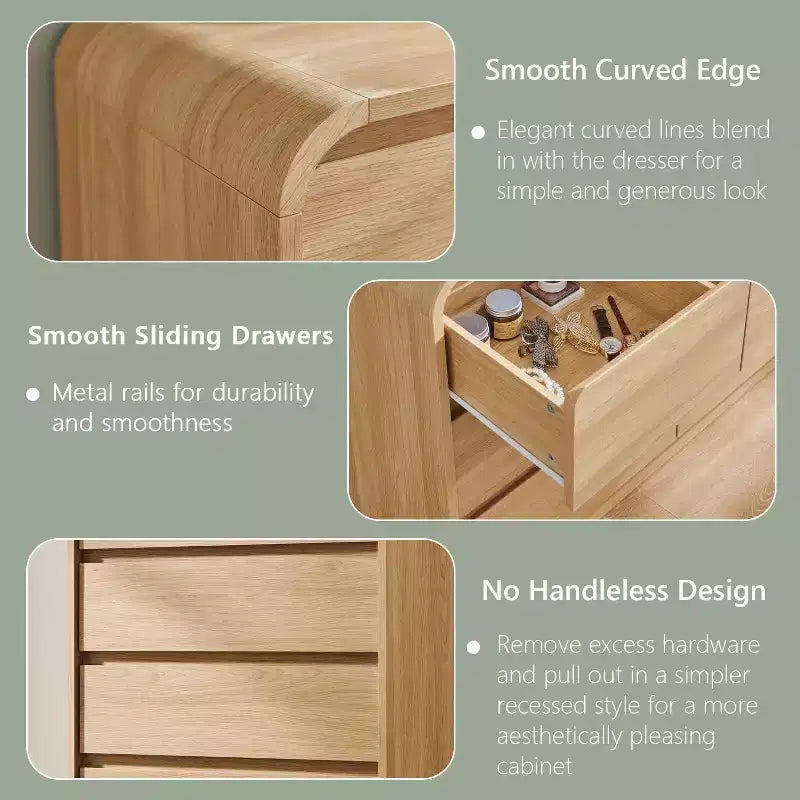 Commode Moderne à 7 Tiroirs, 120 cm de Large, avec Profil Courbé, Texture Naturelle pour Chambre, Salon