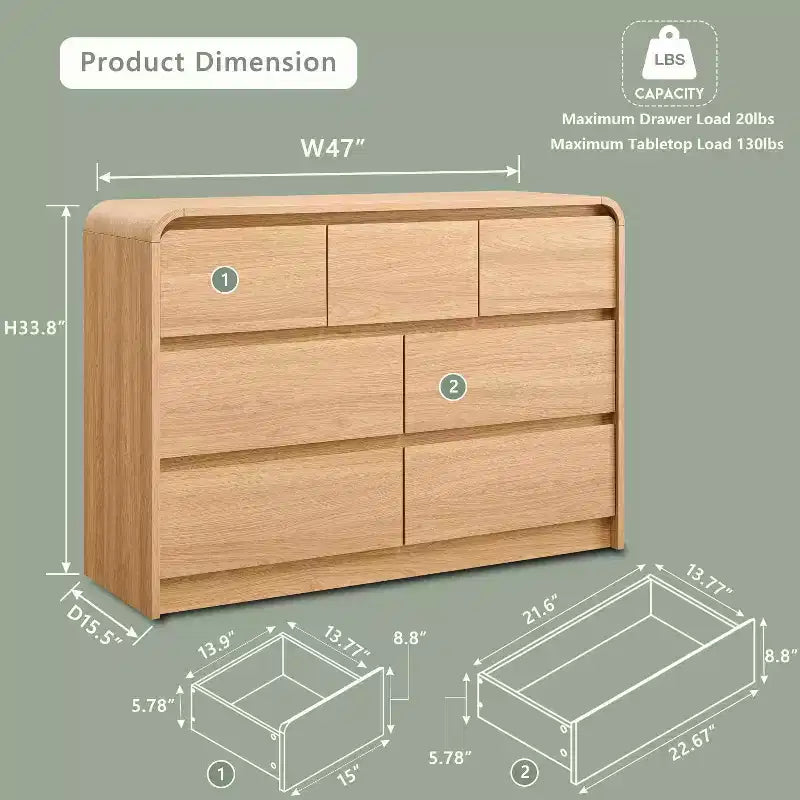 Commode Moderne à 7 Tiroirs, 120 cm de Large, avec Profil Courbé, Texture Naturelle pour Chambre, Salon
