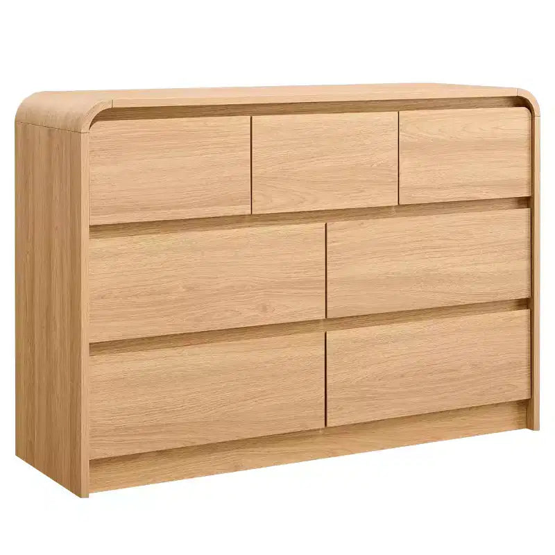 Commode Moderne à 7 Tiroirs, 120 cm de Large, avec Profil Courbé, Texture Naturelle pour Chambre, Salon