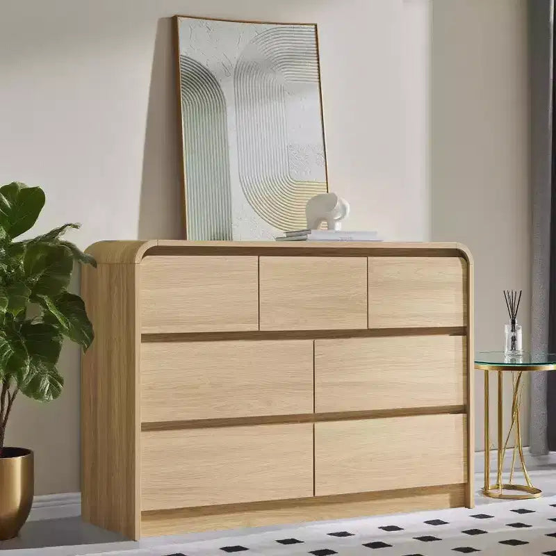 Commode Moderne à 7 Tiroirs, 120 cm de Large, avec Profil Courbé, Texture Naturelle pour Chambre, Salon
