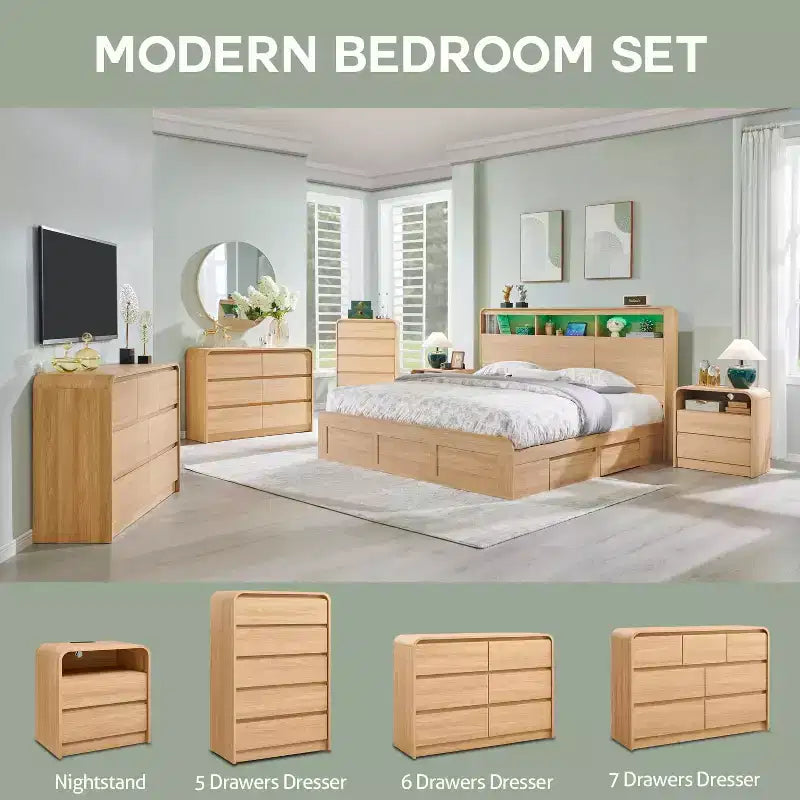 Commode Moderne à 7 Tiroirs, 120 cm de Large, avec Profil Courbé, Texture Naturelle pour Chambre, Salon