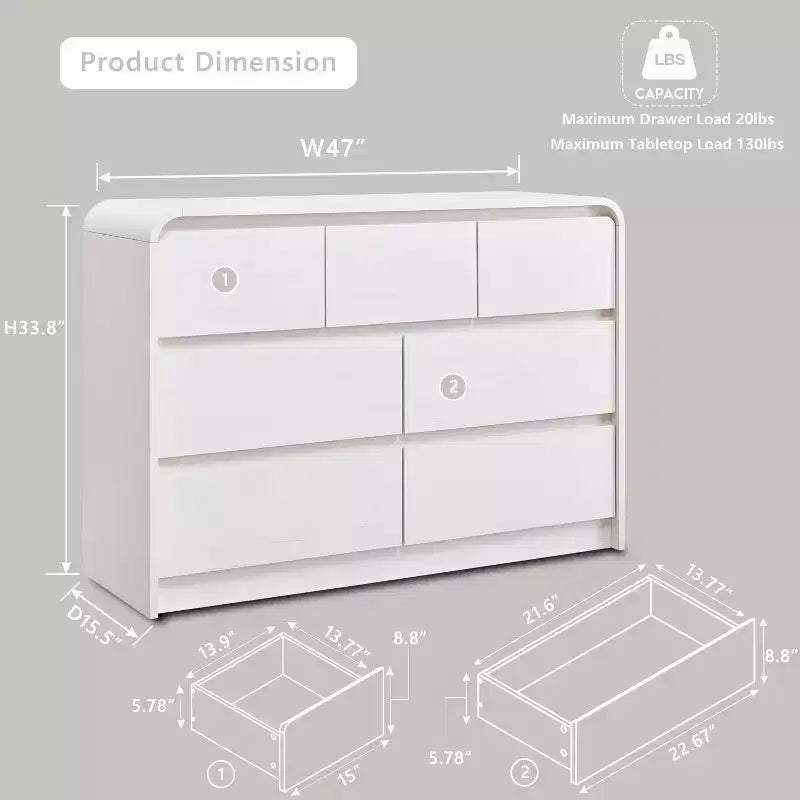 Commode Moderne à 7 Tiroirs, 120 cm de Large, avec Profil Courbé, Texture Naturelle pour Chambre, Salon