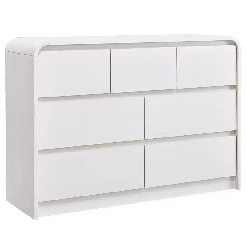Commode Moderne à 7 Tiroirs, 120 cm de Large, avec Profil Courbé, Texture Naturelle pour Chambre, Salon