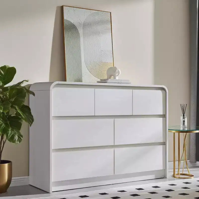 Commode Moderne à 7 Tiroirs, 120 cm de Large, avec Profil Courbé, Texture Naturelle pour Chambre, Salon