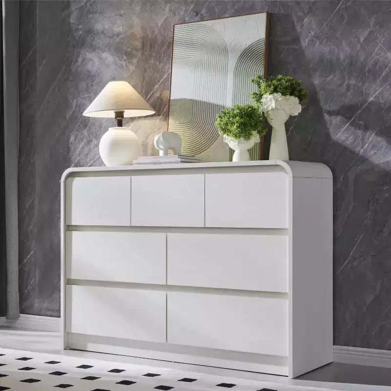 Commode Moderne à 7 Tiroirs, 120 cm de Large, avec Profil Courbé, Texture Naturelle pour Chambre, Salon