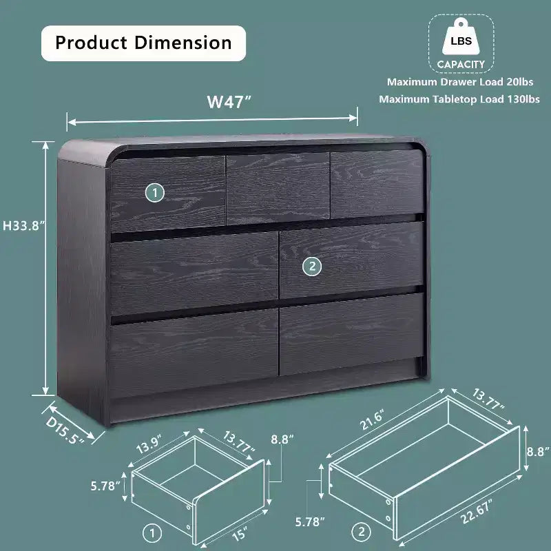 Commode Moderne à 7 Tiroirs, 120 cm de Large, avec Profil Courbé, Texture Naturelle pour Chambre, Salon