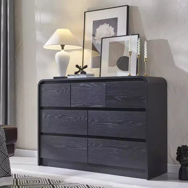 Commode Moderne à 7 Tiroirs, 120 cm de Large, avec Profil Courbé, Texture Naturelle pour Chambre, Salon