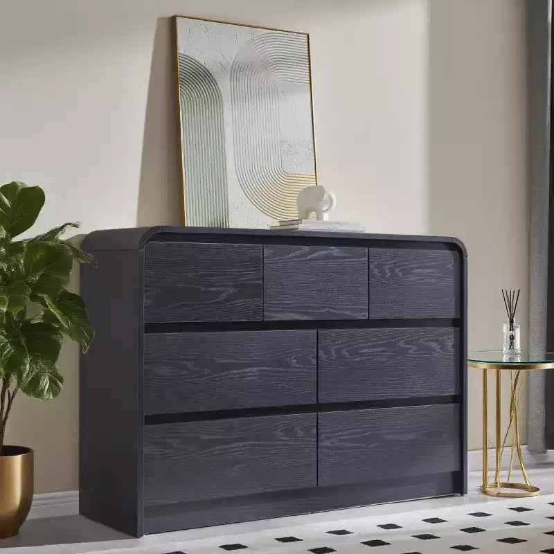 Commode Moderne à 7 Tiroirs, 120 cm de Large, avec Profil Courbé, Texture Naturelle pour Chambre, Salon