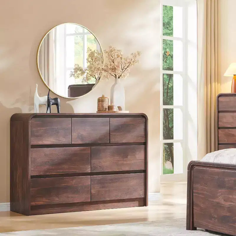 Commode Moderne à 7 Tiroirs, 120 cm de Large, avec Profil Courbé, Texture Naturelle pour Chambre, Salon